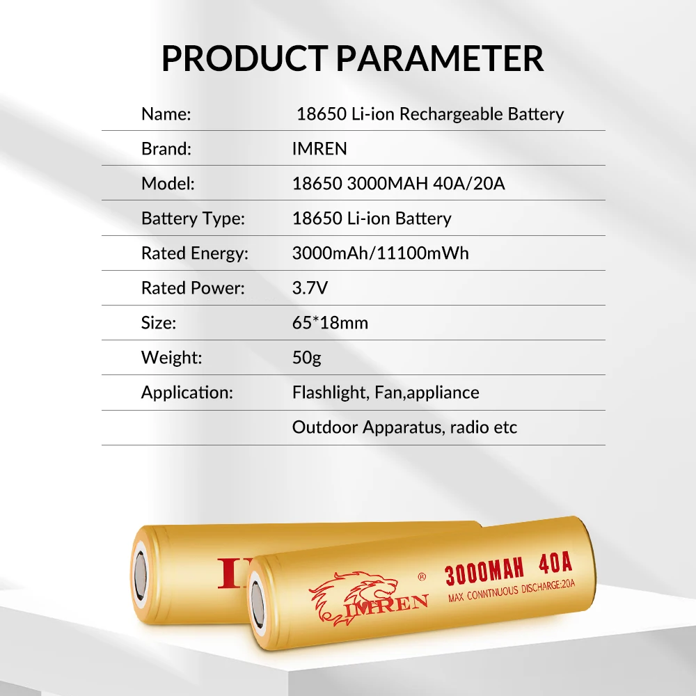 Imren 18650 3.7V 3000mAh 40A High Rate Discharge Battery Lithium Li-Ion Battery Cell