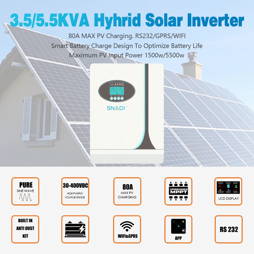 SNADI 5kw High Frequency off Grid 5.5kw Solar Inverter With Mppt Charge Controller 5000W Pure Sine Wave Hybrid Solar Inverter