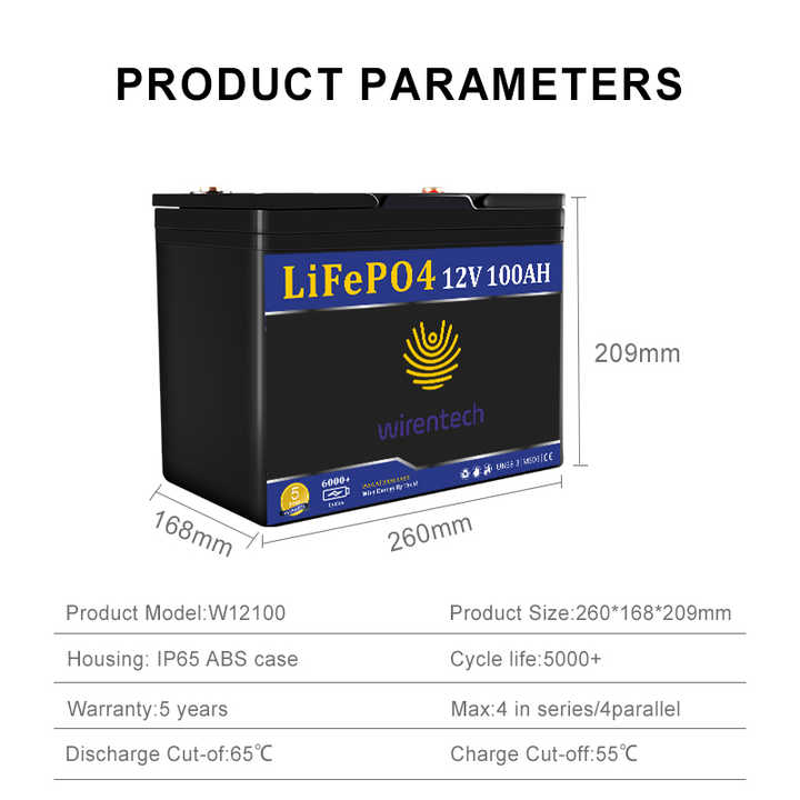 12V 100Ah LiFePO4 Battery 1KW 2KW 3KW Deep Cycle Energy Storage System for Golf Carts RVs Solar Power Systems Wirentech