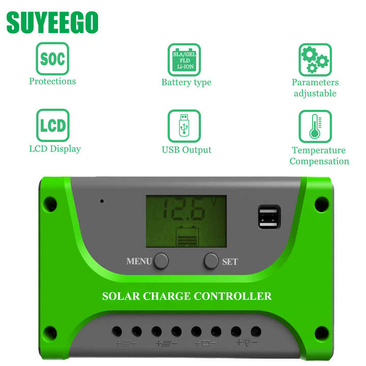 PWM Solar Charge Controller 10A-60A 12V/24V 100V Max PV Voltage Overcharge Overload Protection for Solar System Lighting Station SUYEEGO