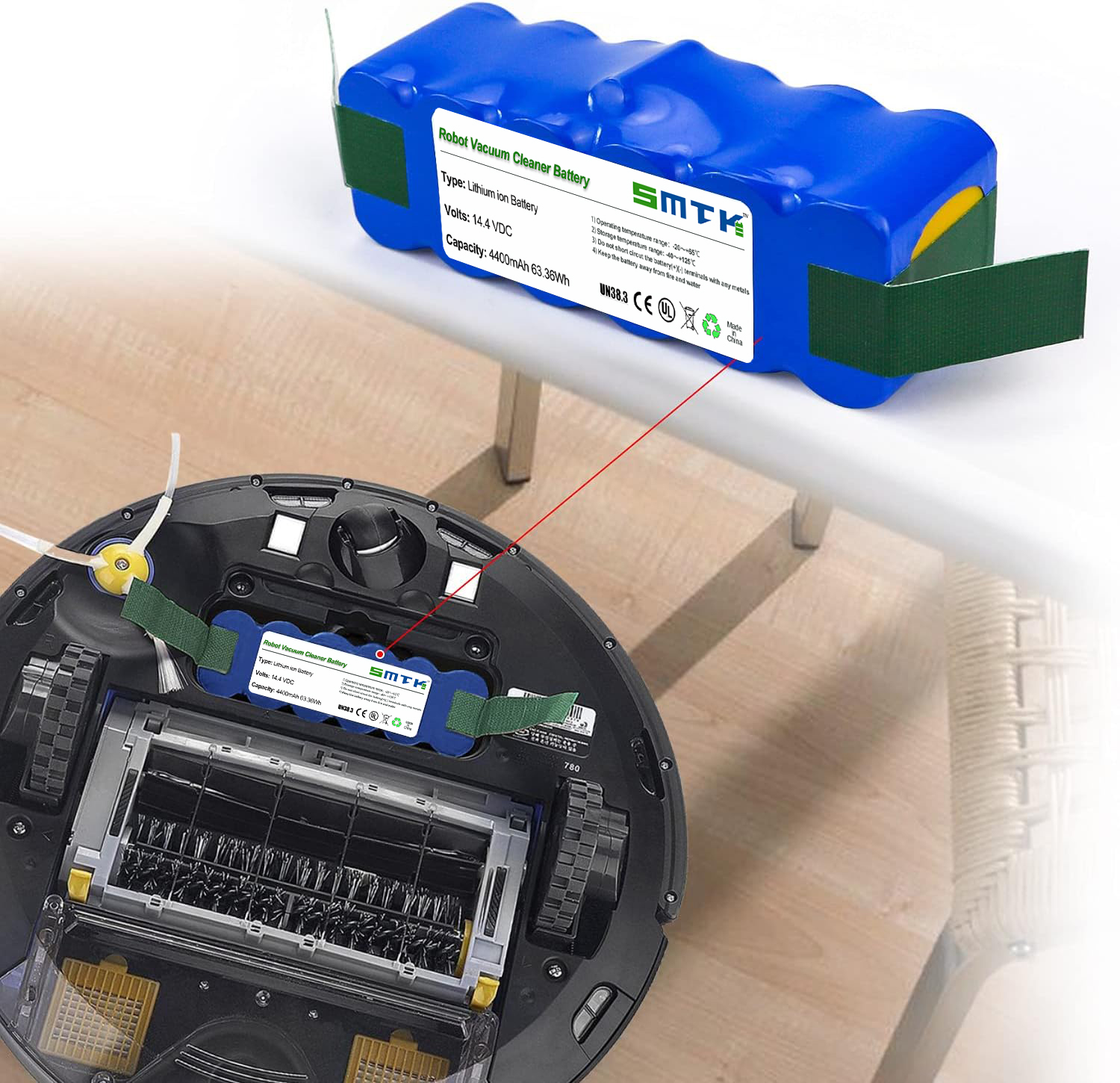 14.4V 4400mAh Robot Vacuum Replacement Battery Long-Lasting Li-ion Power for Roomba Braava Models SmarTEC