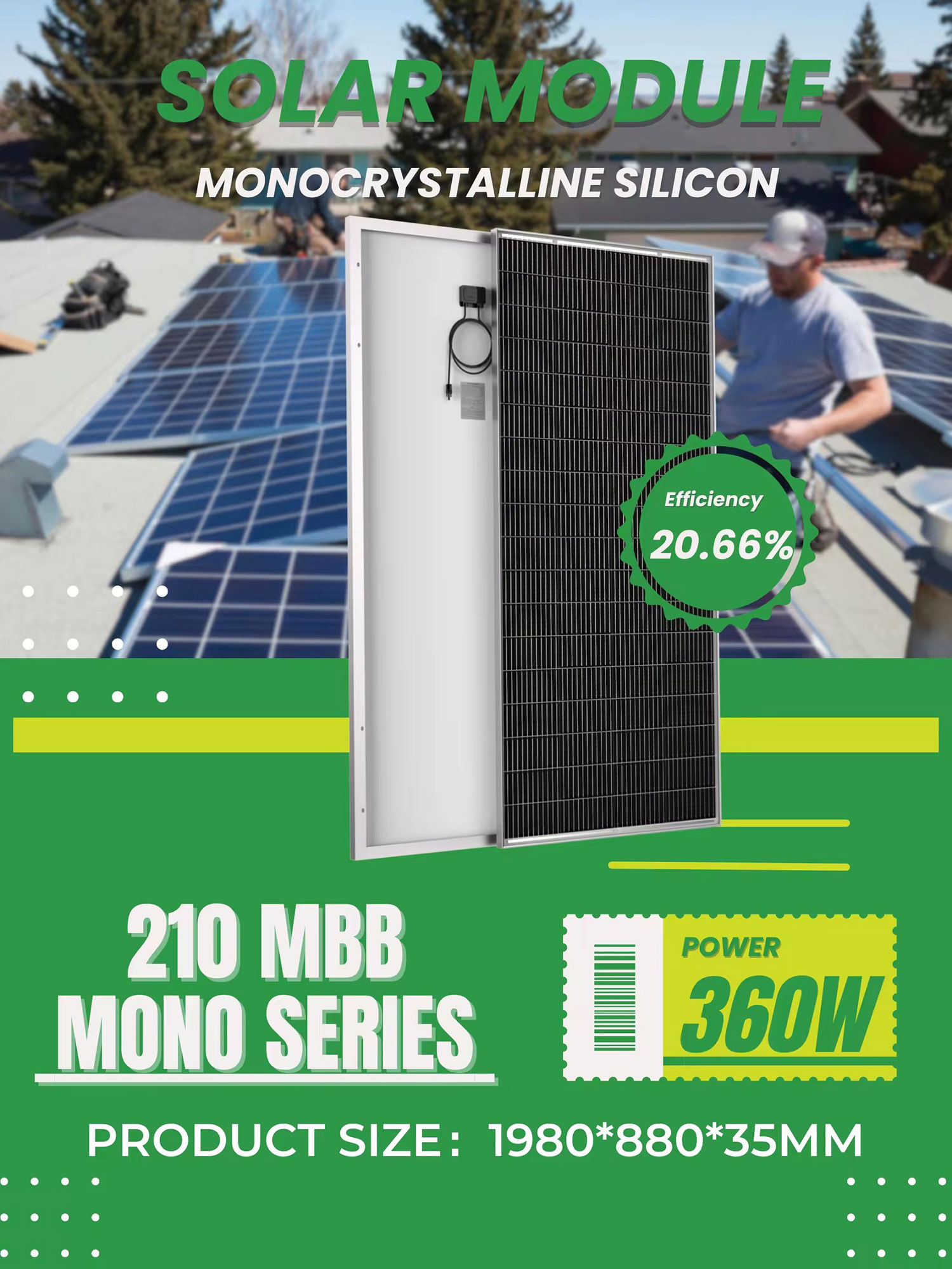 360W Mono Solar Panel 20.66% Efficiency 40.75V High Output for Off-Grid Systems JHMPOWER