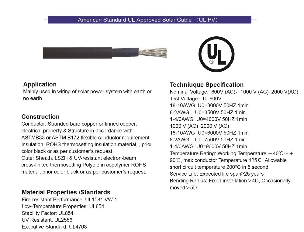 Solar PV Cable UL Approved 1000V High-Quality for Photovoltaic Systems and Solar Farms