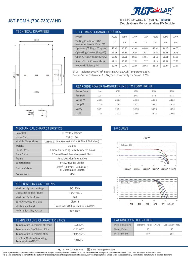 HJT Bifacial Mono Module 700-730W High Efficiency Solar Panel for Commercial Rooftop and Utility-Scale Projects JUSTSOLAR