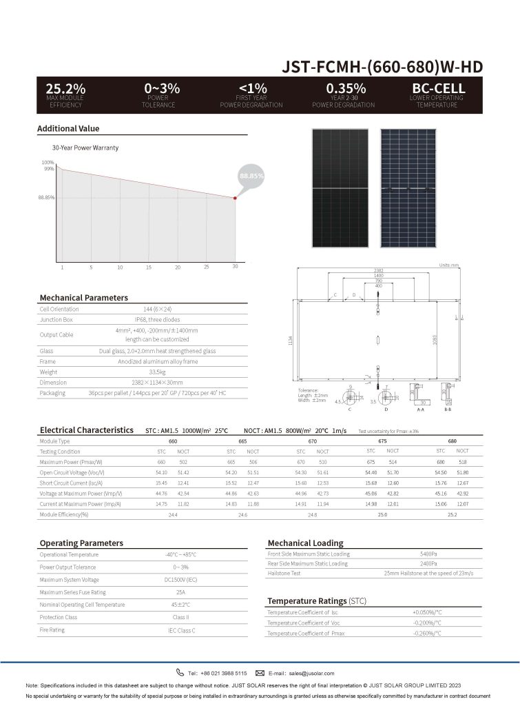 Solar Panel 660-680W BC Technology High Efficiency for Residential and Commercial Use JUSTSOLAR