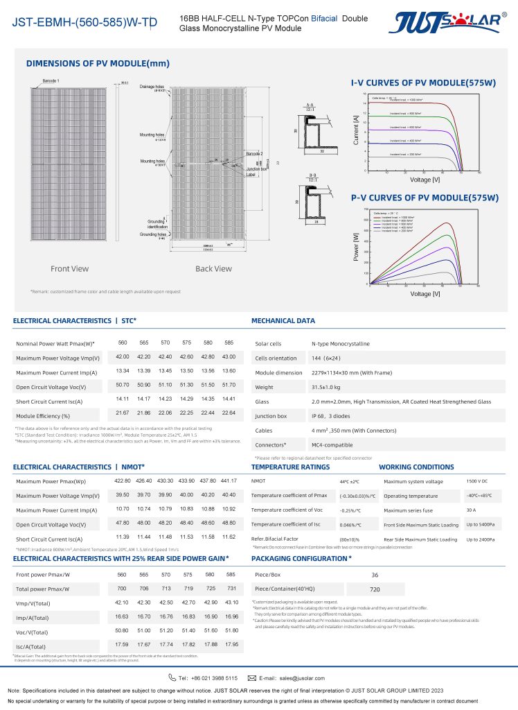 Solar Panel 560-585W Topcon Bifacial Mono High Efficiency for Residential and Commercial PV Systems JUSTSOLAR
