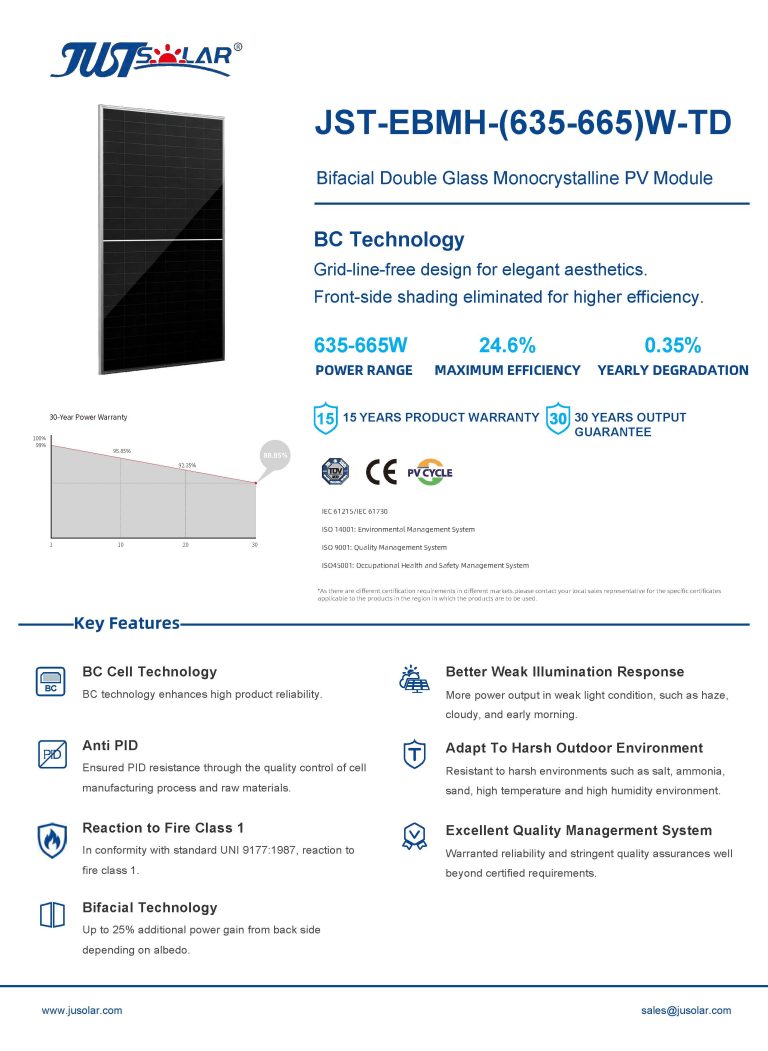 Solar Panel 635-665W BC Technology High Efficiency for Residential and Commercial Installations JUSTSOLAR