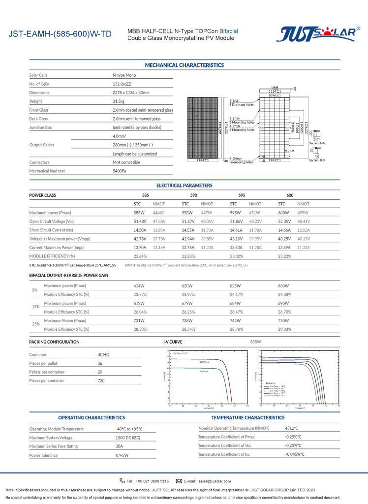 Solar Panel 585-600W Topcon Bifacial Mono High Efficiency for Residential and Commercial PV Systems JUSTSOLAR
