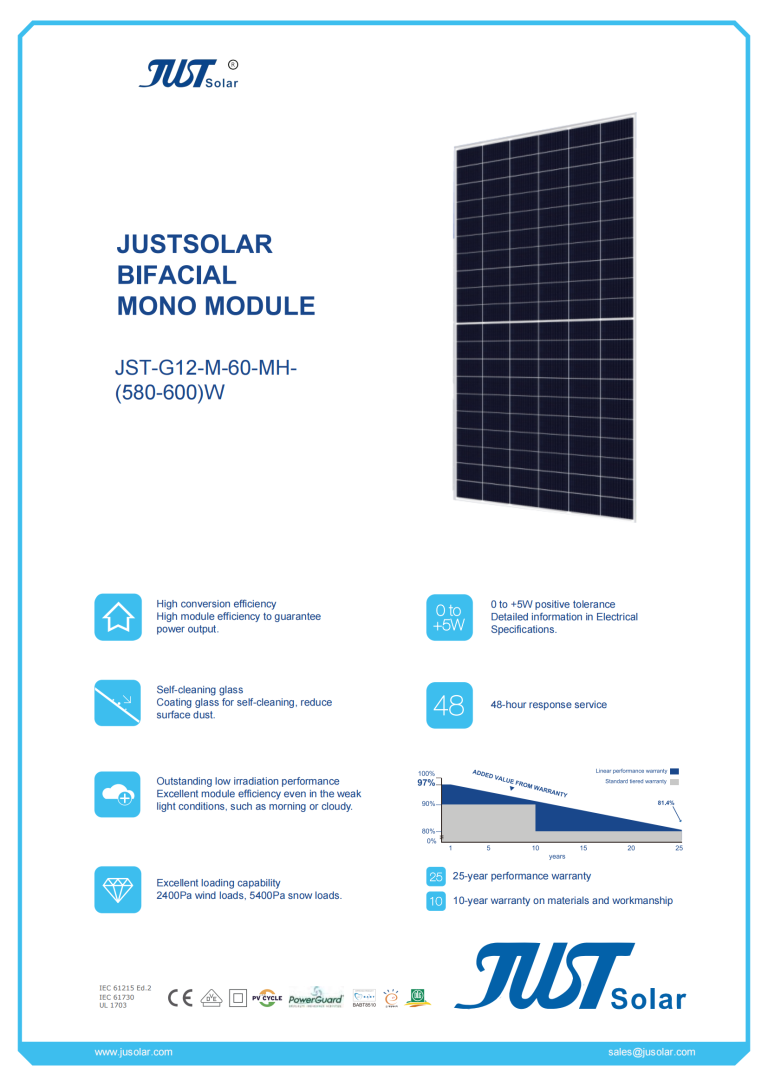 JST-G12-M-60-MH- (580-600)W Bifacial Solar Panel 210mm Mono 120 Cells 35kg High Efficiency for Utility-Scale and Commercial Rooftop Jusolar