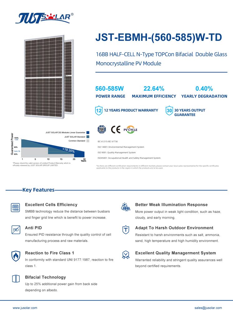 Solar Panel 560-585W Topcon Bifacial Mono High Efficiency for Residential and Commercial PV Systems JUSTSOLAR