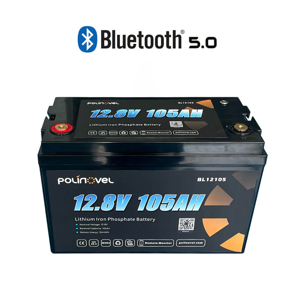 12V 105Ah Lithium Bluetooth Battery BL12105 LiFePO4 Deep Cycle with BMS for RV Marine Solar Polinovel