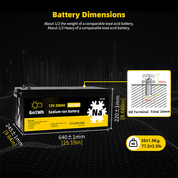 GoKWh 12V 200Ah Sodium-ion Battery Fast Charging, Thermal Stable for Solar Storage and Off-grid Power Systems