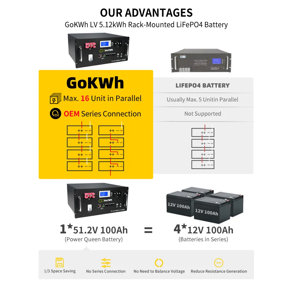 GoKWh 51.2V 100Ah LiFePO4 Rack-mounted Battery Storage High-Density Home Energy Backup System