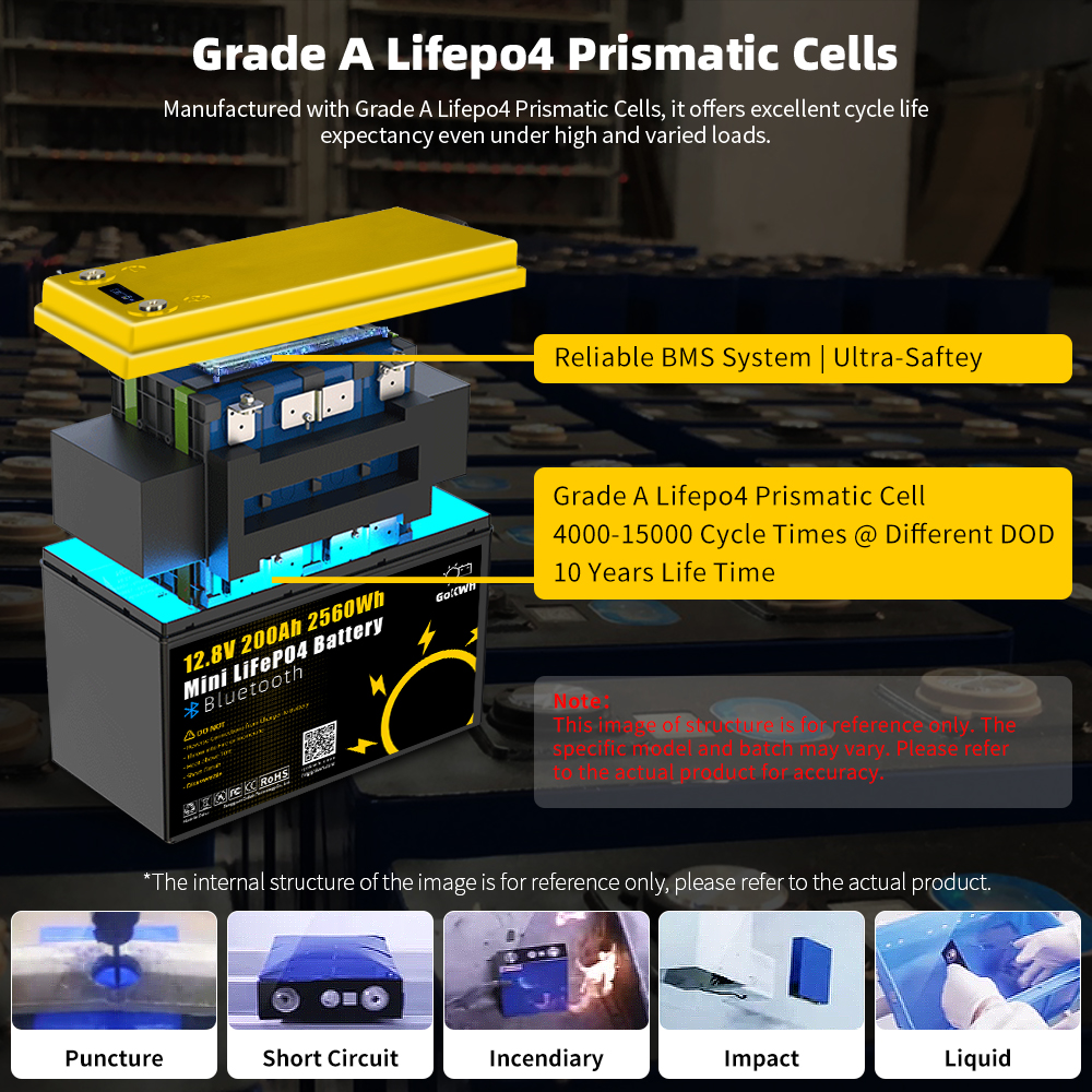 GoKWh 12V 200Ah LiFePO4 Battery 2560Wh Built-in BMS & Bluetooth for Solar Storage and Off-Grid Systems