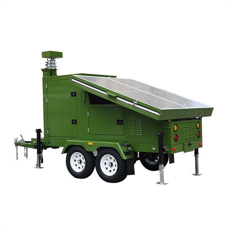 Military Light Tower With CCTV Camera Green Color, Manual/Automatic Lift Rod, Expandable Solar Panels for Surveillance at Construction Sites and Remote Areas