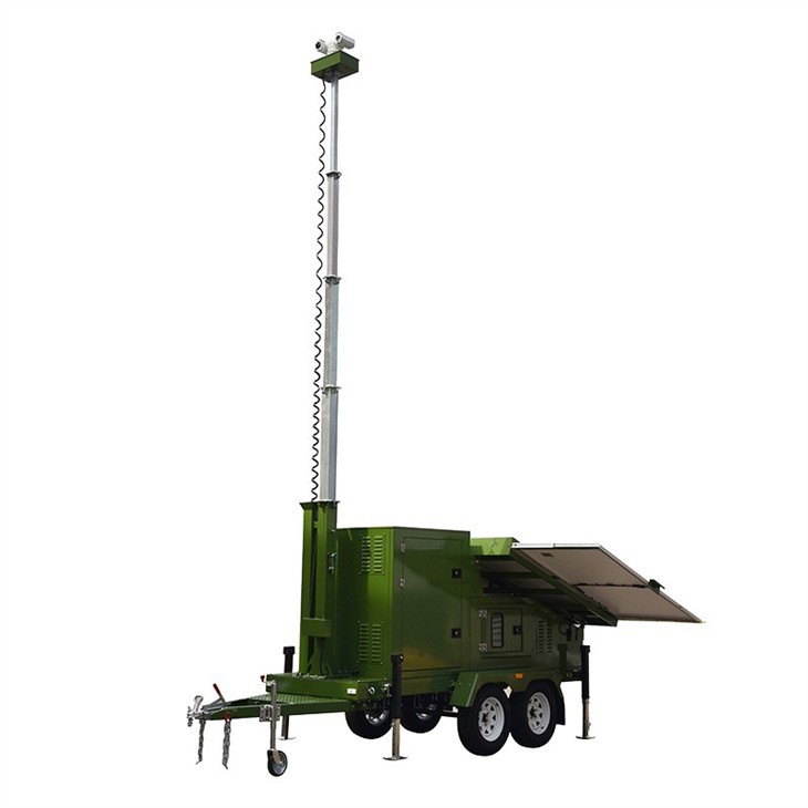 Military Light Tower With CCTV Camera Green Color, Manual/Automatic Lift Rod, Expandable Solar Panels for Surveillance at Construction Sites and Remote Areas