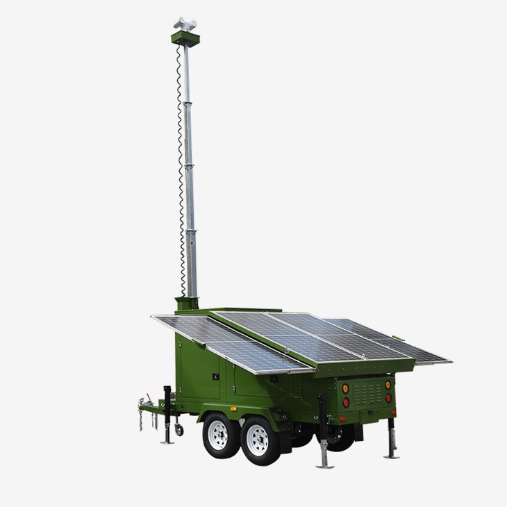 Military Light Tower With CCTV Camera Green Color, Manual/Automatic Lift Rod, Expandable Solar Panels for Surveillance at Construction Sites and Remote Areas