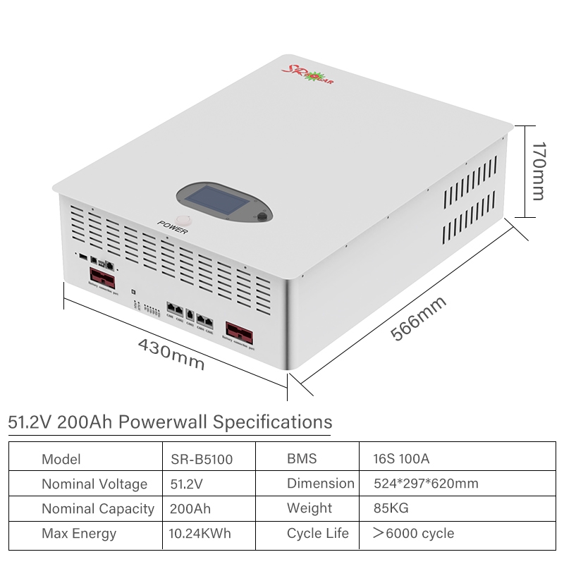 Wall Mount Energy Storage Lithium Battery 48V 200Ah 10.24KWh 10KW Powerwall for Home Backup Solar System SRSOALR
