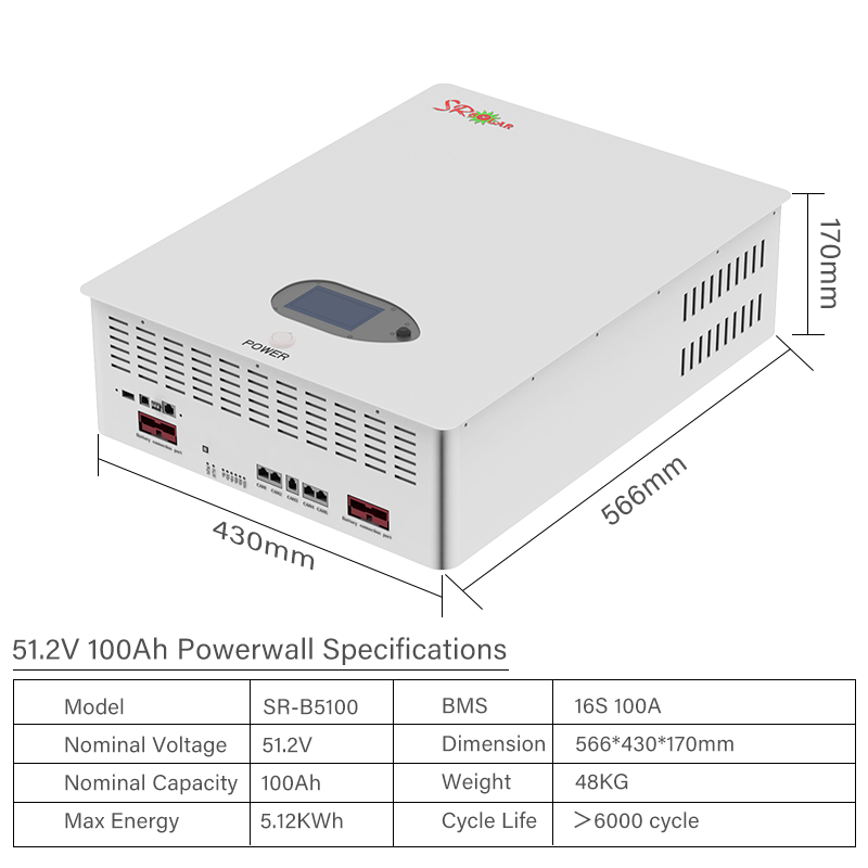SRSOLAR Wall Mount Energy Storage 51.2V 100Ah Lifepo4 Battery 5KW 10KW Powerwall for Home Backup and Solar Storage